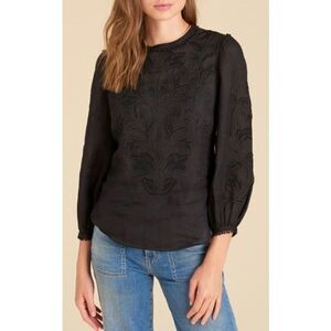 Veronica Beard Black Maryana Embroidered 3/4 Sleeve Woven Top Blouse Size 12 NWT